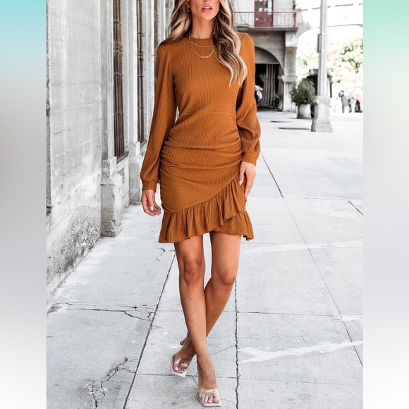 CUPSHE Women's Long Sleeve Dress Crew Neck Ruffle Hem Ruched Mini Dresses size L - Picture 3 of 7